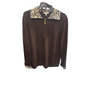 Vintage St. John sport, full zip jacket sweater, brown leopard large wool mix‎